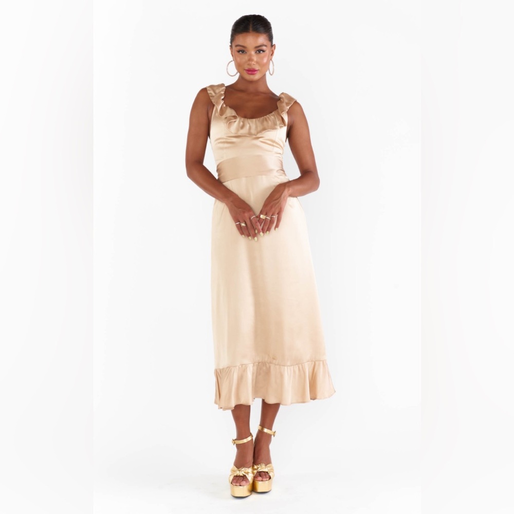 Show Me Your MuMu Alexis Midi Dress Small Champagne Luxe Satin - Picture 6 of 14